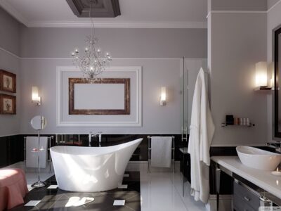Luxury bathroom with freestanding bath, chandelier and walk-in shower